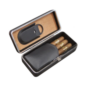 Black Leather 3 Cigar Folding Case with Cutter